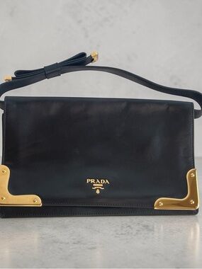 Vintage Prada Black Leather Clutch Wristlet Gold Hardware Dust Bag Authentic